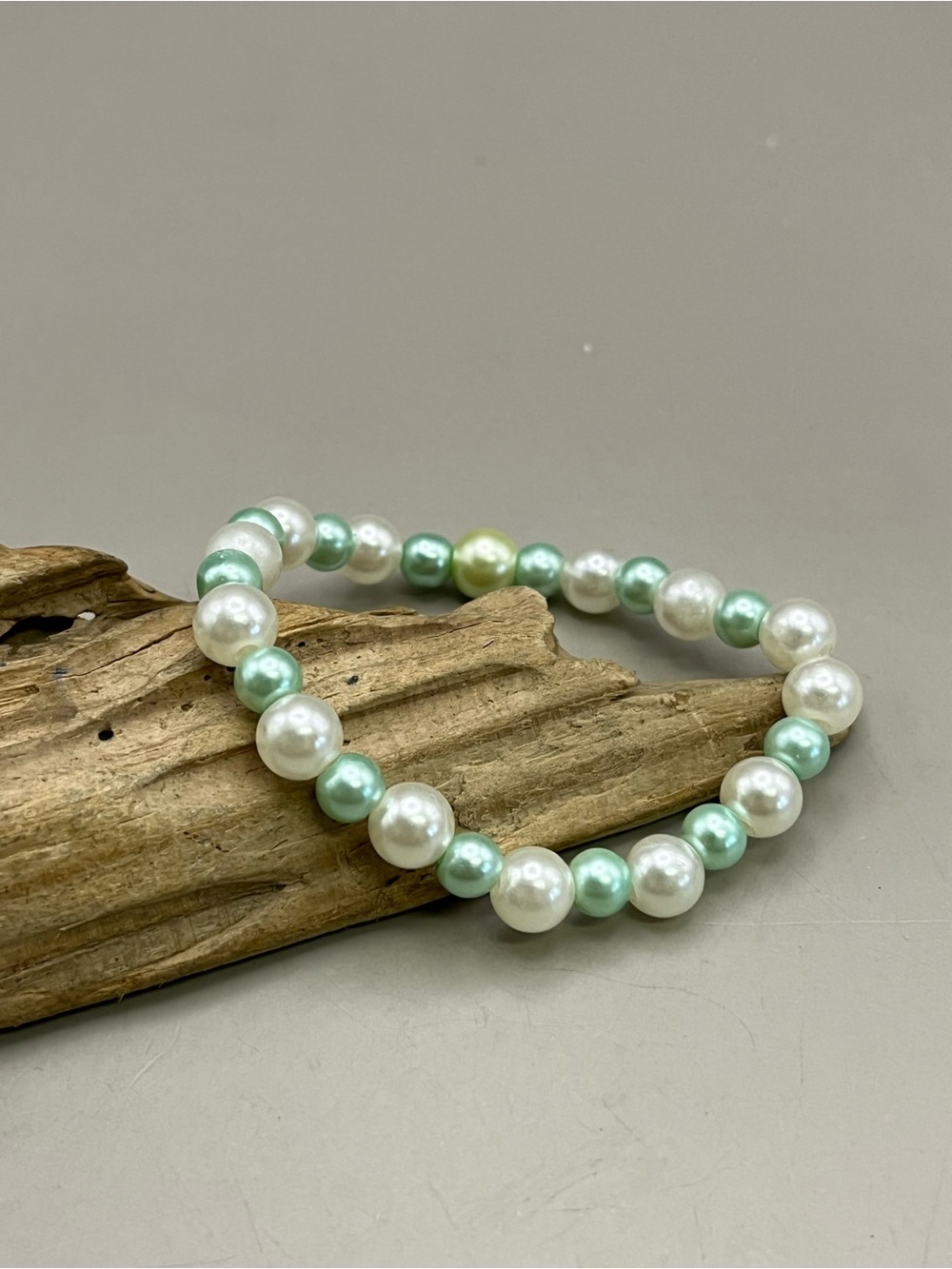 Handmade Pearl Stretch Bracelet White and Mint Green Faux Pearl Beaded Bracelet